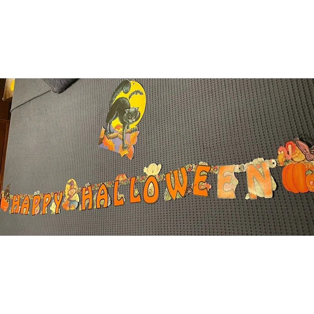 1980’s Halloween Die Cuts 6’ Jointed Banner & Eureka USA Double Sided Black Cat